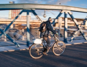 person riding bicycle beside gray metal railings of bridge thumbnail